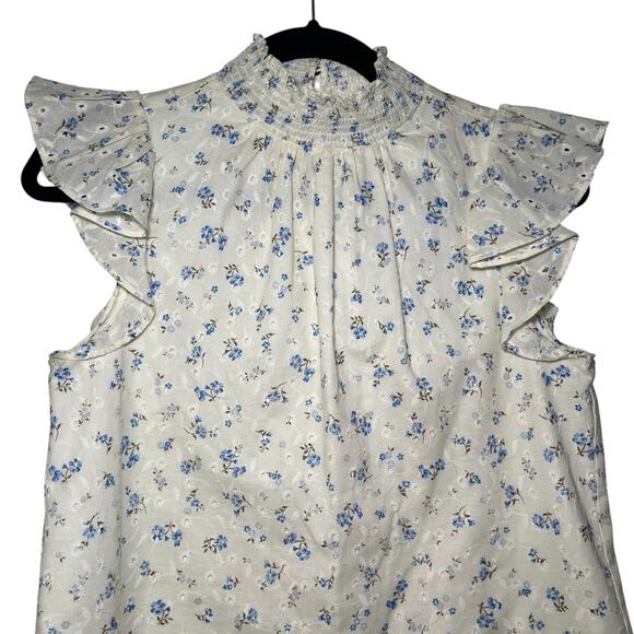 1.State Eyelet Ruffled Flutter Sleeveless Smocked Mock Neck Floral Blouse XS - Picture 4 of 6